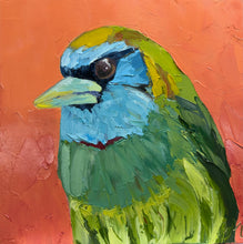 An expressive oil painting of a bird in profile, featuring a bright blue face, green and yellow body, and a textured orange background.