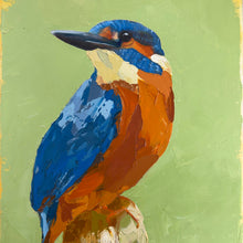 An oil painting of a kingfisher perched on a branch, featuring vibrant blue, orange, and cream colors against a textured light green background.