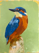 An oil painting of a kingfisher perched on a branch, featuring vibrant blue, orange, and cream colors against a textured light green background.
