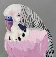 A textured painting of a white and gray pink budgie with a blue beak and purple chest, against a gray background.