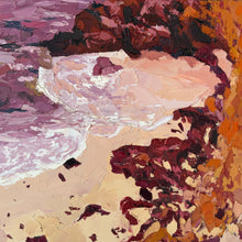 An impressionistic painting of a coastal beach scene with thick brushstrokes in , orange, brown, cream, and dark maroon tones.