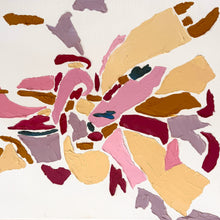 Abstract expressionist painting featuring textured, layered paint strokes in pink, beige, brown, purple, and red on a white background.