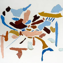 An abstract expressionist painting featuring textured, thick brushstrokes in shades of blue, brown, beige, and mustard yellow on a white canvas.