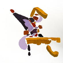 An abstract painting on a white canvas featuring expressive, textured brushstrokes in mustard yellow, lavender purple, dark charcoal, terracotta red, and brown.
