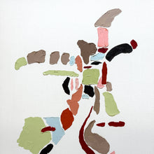 Abstract expressionist painting featuring textured, thick brushstrokes in muted green, brown, terracotta, pink, black, and light blue on a white canvas.