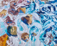 Abstract art piece with a mix of blue, white, and brown colors.