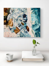 Can't Stop the Tide textured turquoise and white ocean wave painting displayed on a minimalist white wall above a table